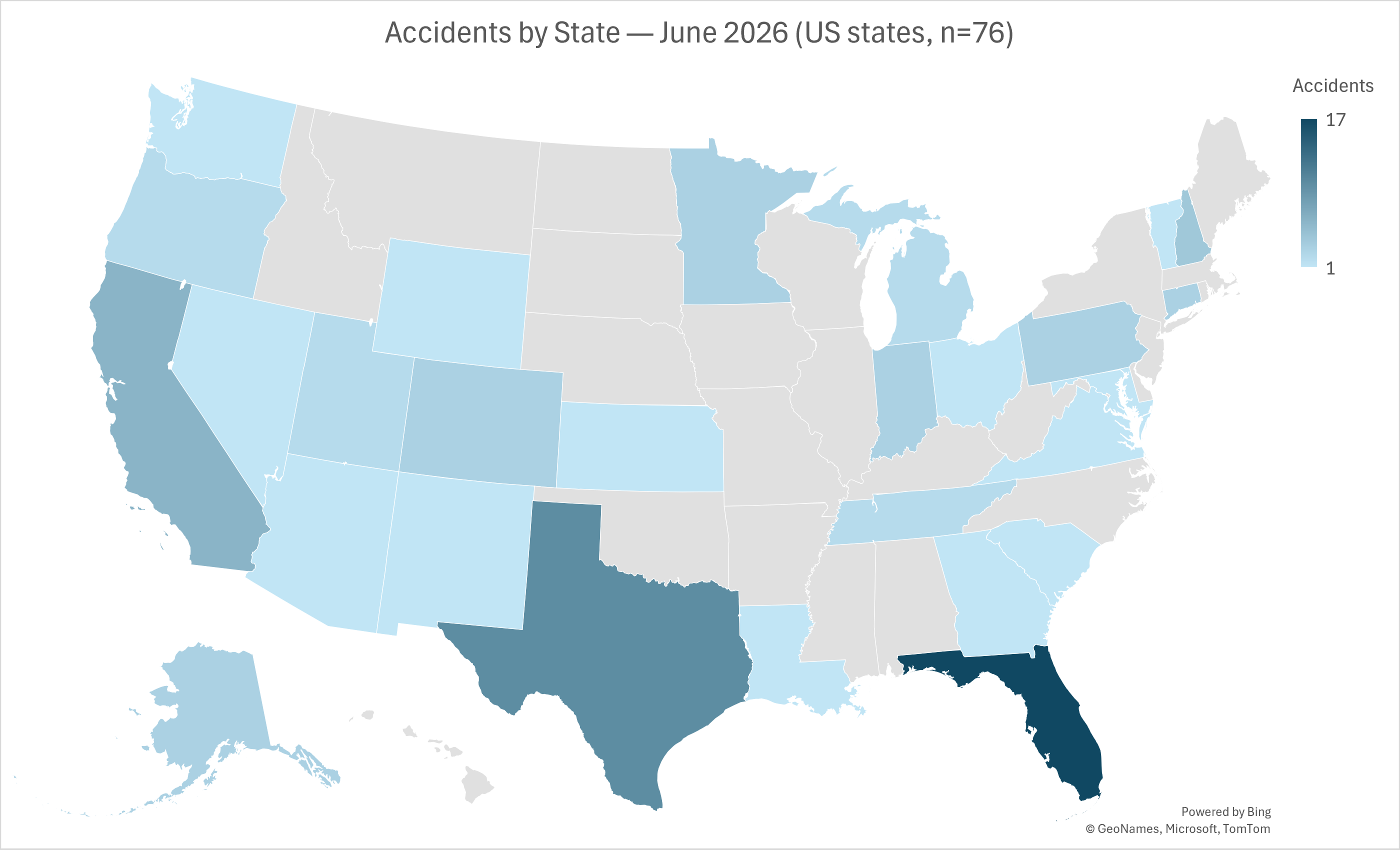 Heat map of US aviation accidents by state, June 2026
