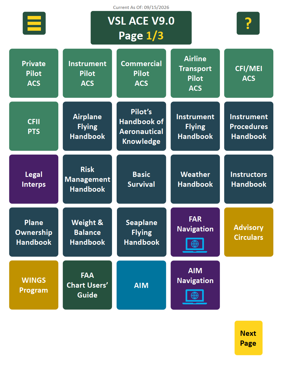 The ACE Guide Global Menu, the main navigation page of the guide