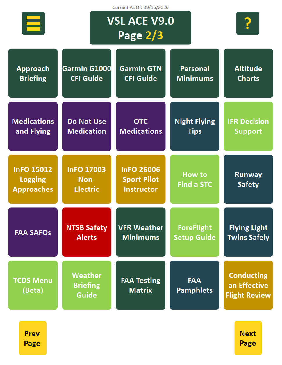 Global Menu page 2 of 3 with the new FAA SAFOs, NTSB Safety Alerts, and FAA Pamphlets buttons numbered 1 to 3