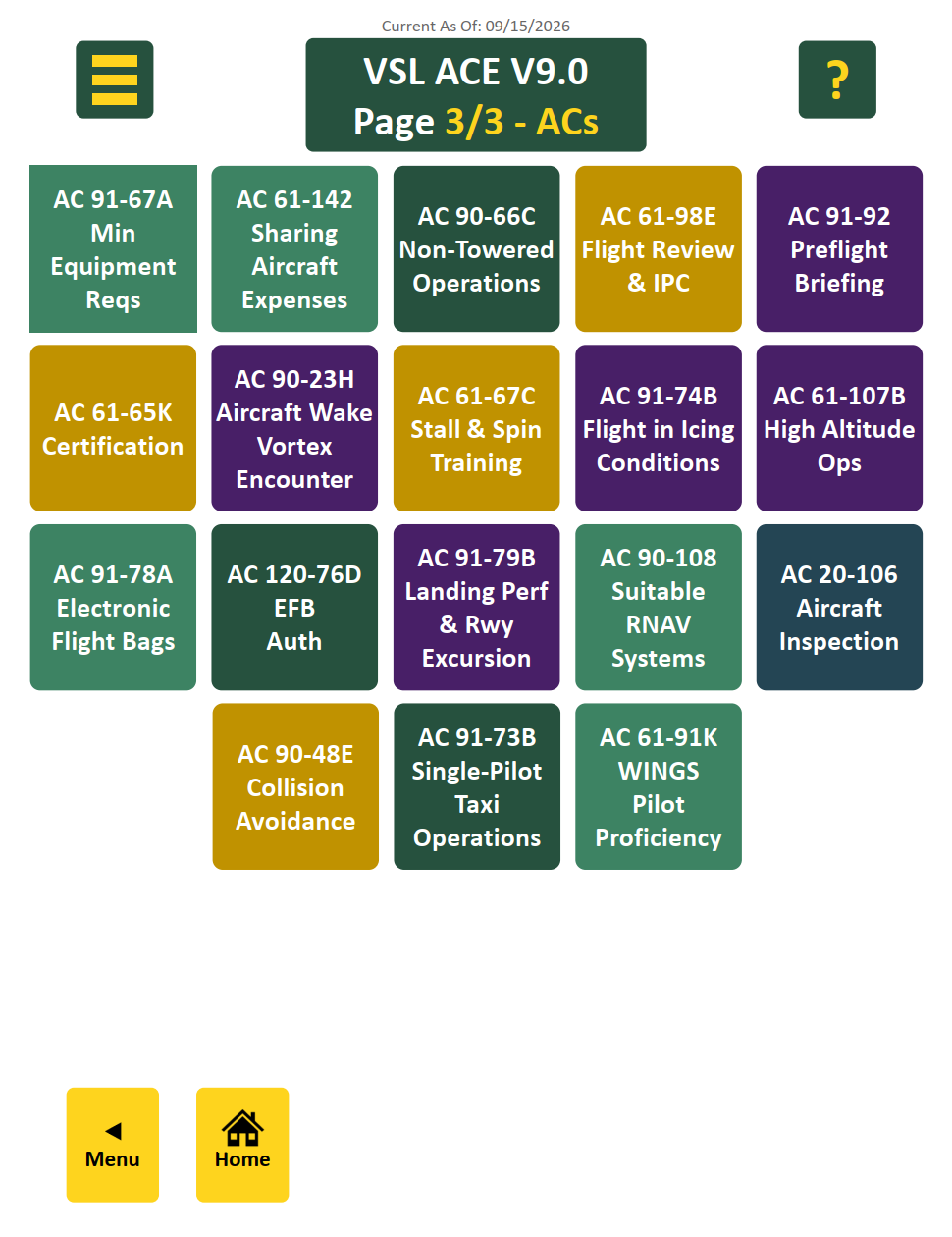 Global Menu page 3 of 3, showing buttons for the FAA Advisory Circulars included in the ACE Guide
