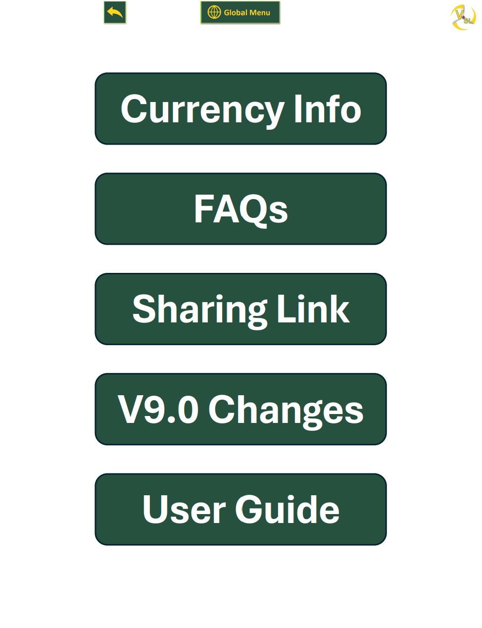 The ACE Guide help menu with buttons for Currency Info, FAQs, Sharing Link, V9.0 Changes, and User Guide