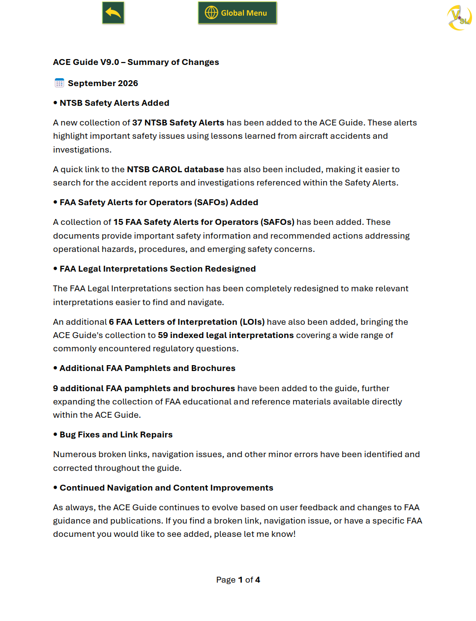 The ACE Guide V9.0 Summary of Changes page, listing what was added and fixed in the September 2026 update