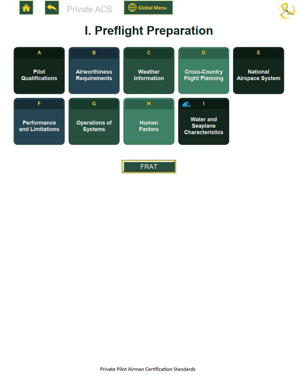 Area of Operation I, Preflight Preparation, showing tiles for Tasks A through I, with Task A, Pilot Qualifications, highlighted