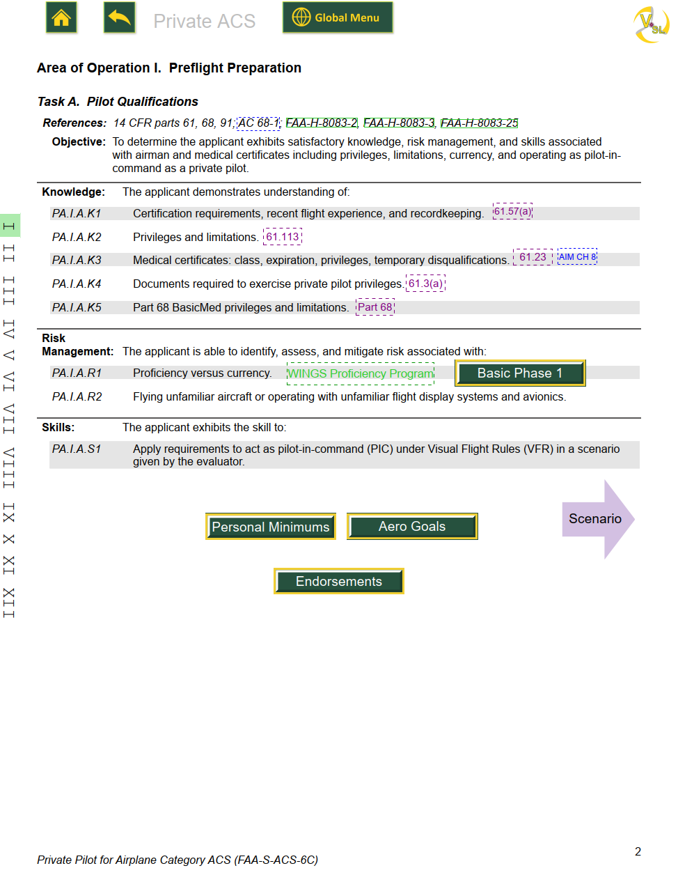 The Private Pilot ACS Task A, Pilot Qualifications page, with hyperlinks to regulations and buttons at the bottom. The link to 14 CFR 61.113 is highlighted.