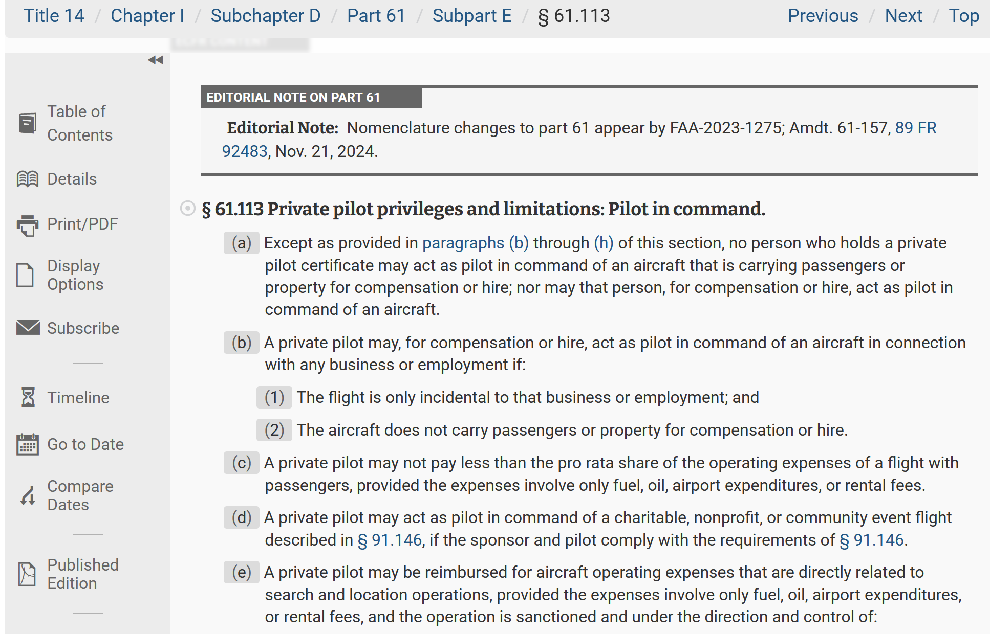 The eCFR website open to 14 CFR 61.113, Private pilot privileges and limitations: Pilot in command