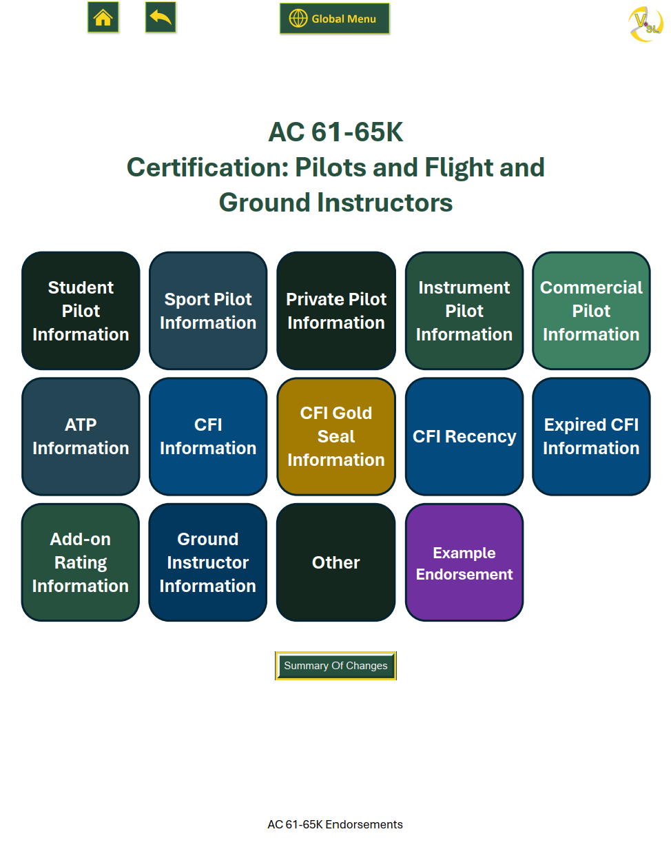 The AC 61-65K page, Certification: Pilots and Flight and Ground Instructors, with the back arrow at the top highlighted