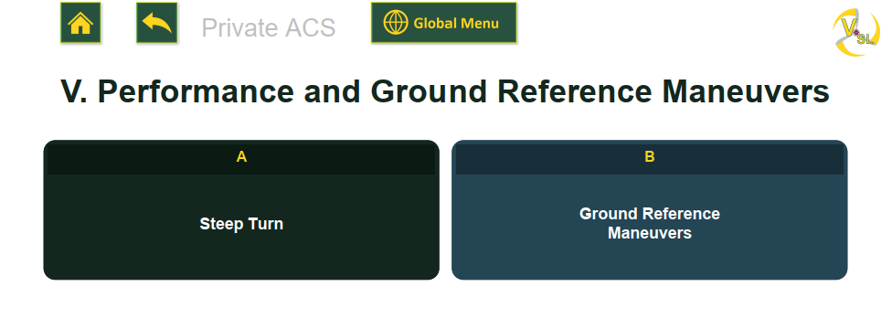 Area of Operation V, Performance and Ground Reference Maneuvers, with the Task A Steep Turn tile highlighted
