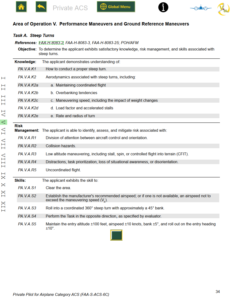 The Private Pilot ACS Task A, Steep Turns page, listing knowledge, risk management, and skill elements, with a green button at the bottom highlighted