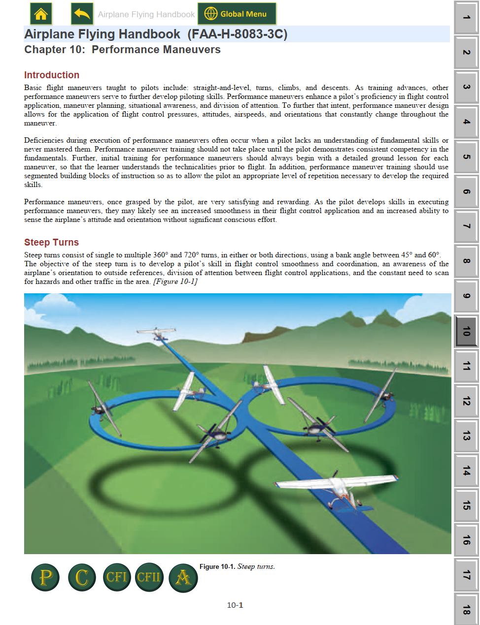 Airplane Flying Handbook Chapter 10, Performance Maneuvers, on the Steep Turns page, with the row of P, C, CFI, CFII, and A buttons highlighted at the bottom