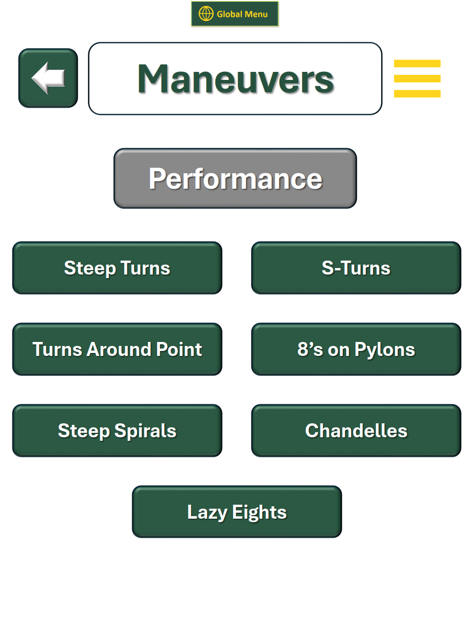 The Performance maneuvers menu with buttons for Steep Turns, S-Turns, Turns Around a Point, 8's on Pylons, Steep Spirals, Chandelles, and Lazy Eights. The Steep Turns button is highlighted.