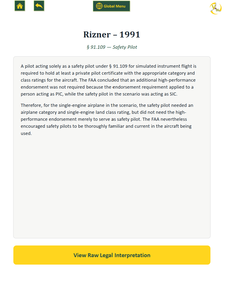 The Rizner 1991 summary page with a short explanation of the interpretation and a View Raw Legal Interpretation button at the bottom