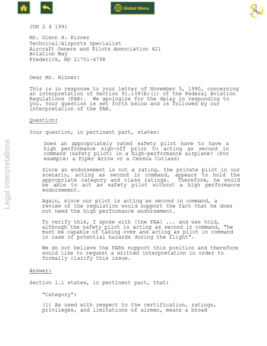 The raw FAA Letter of Interpretation to Mr. Rizner dated June 24, 1991, about Section 91.109(b)(1)