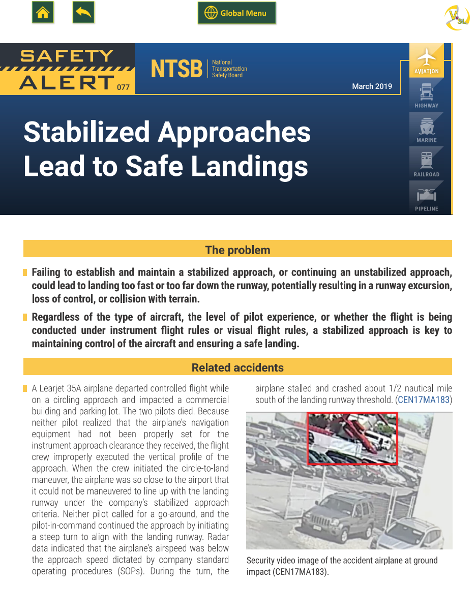 NTSB Safety Alert 077, Stabilized Approaches Lead to Safe Landings, showing The problem and Related accidents sections