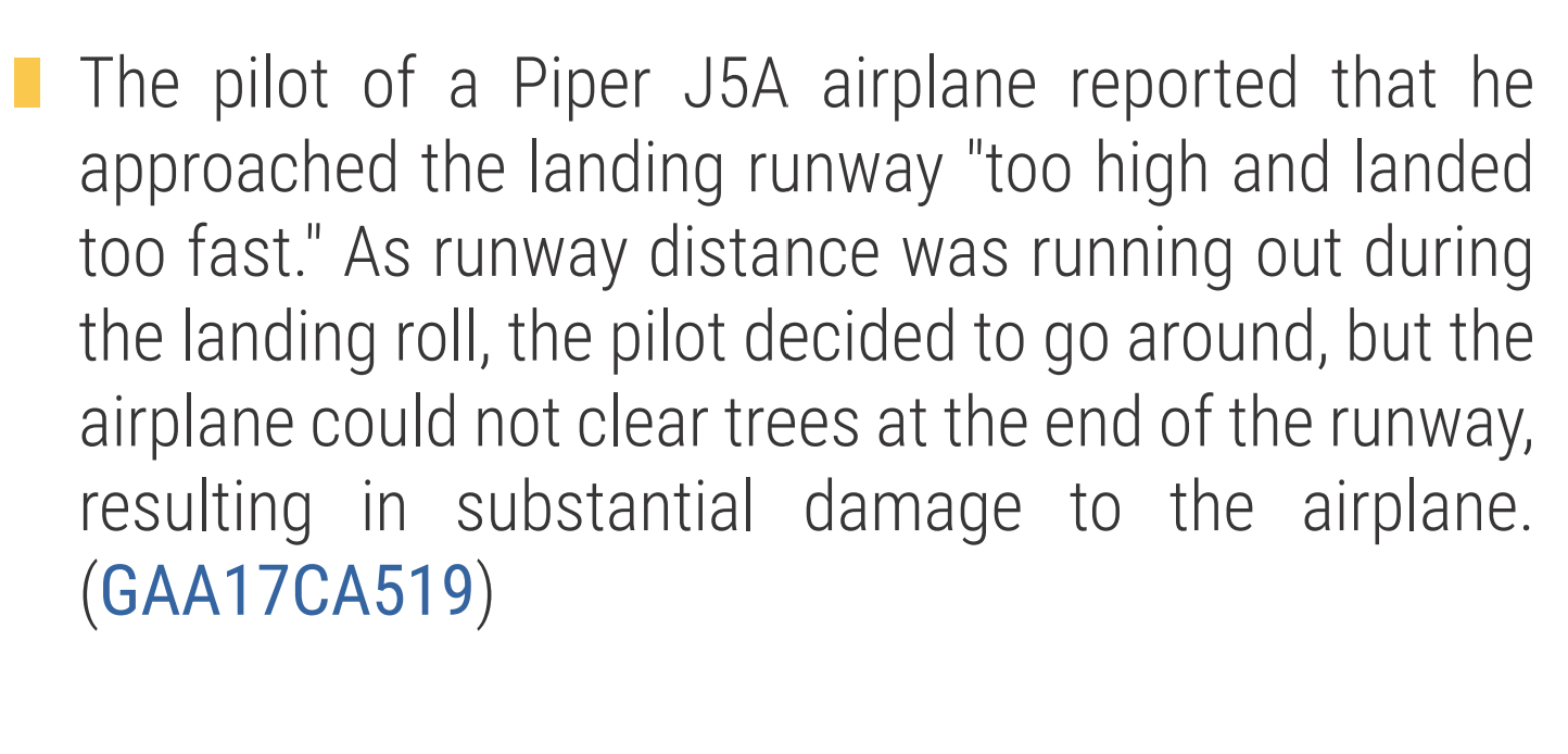 An excerpt from the safety alert describing a Piper J5A that landed too high and too fast and could not clear trees on a go-around, with the NTSB number GAA17CA519 highlighted