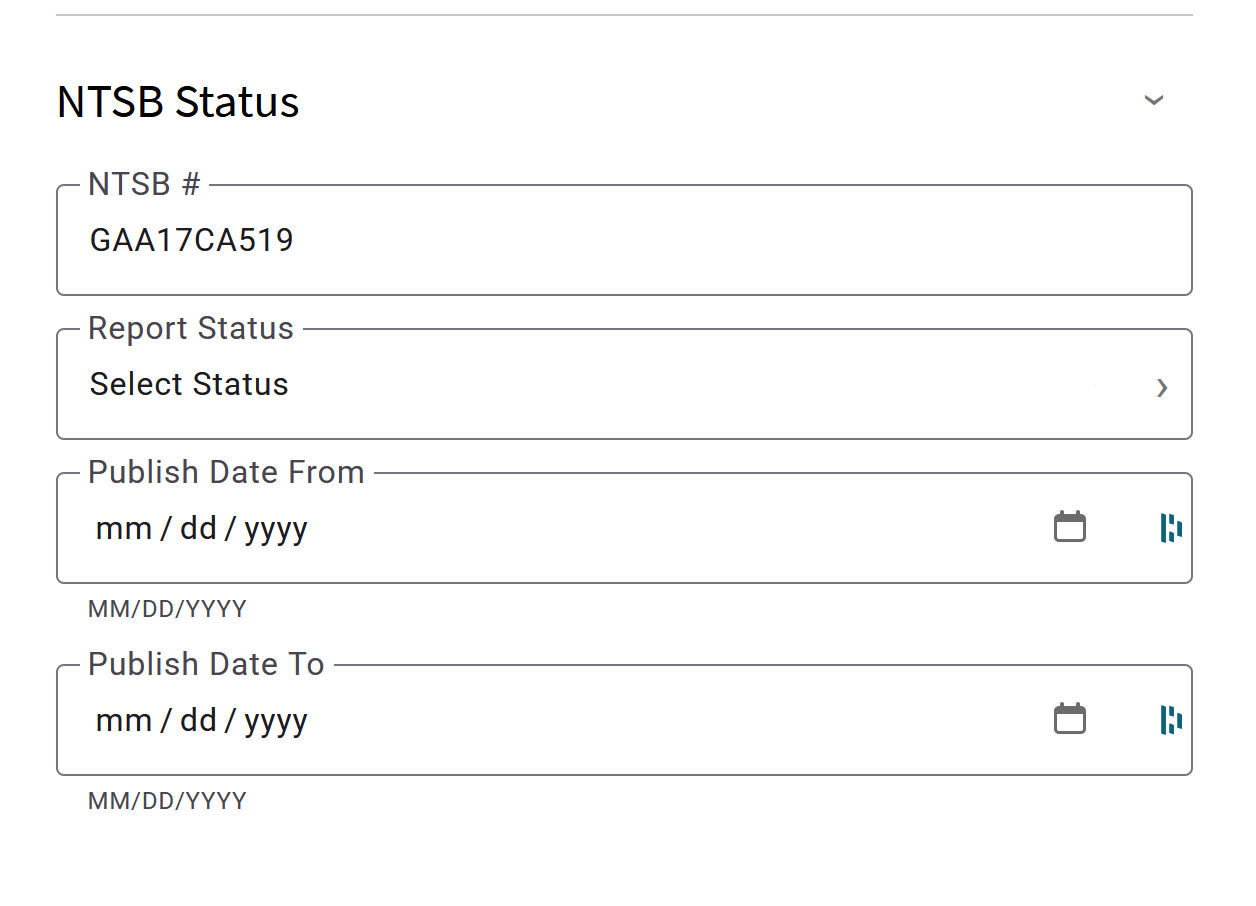 The CAROL search form with GAA17CA519 entered in the NTSB number field