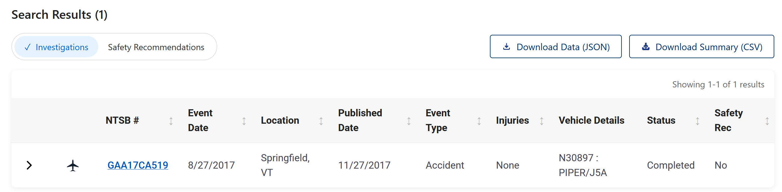 CAROL search results showing one investigation, GAA17CA519, with its event date, location, and vehicle details. The case number link is highlighted.