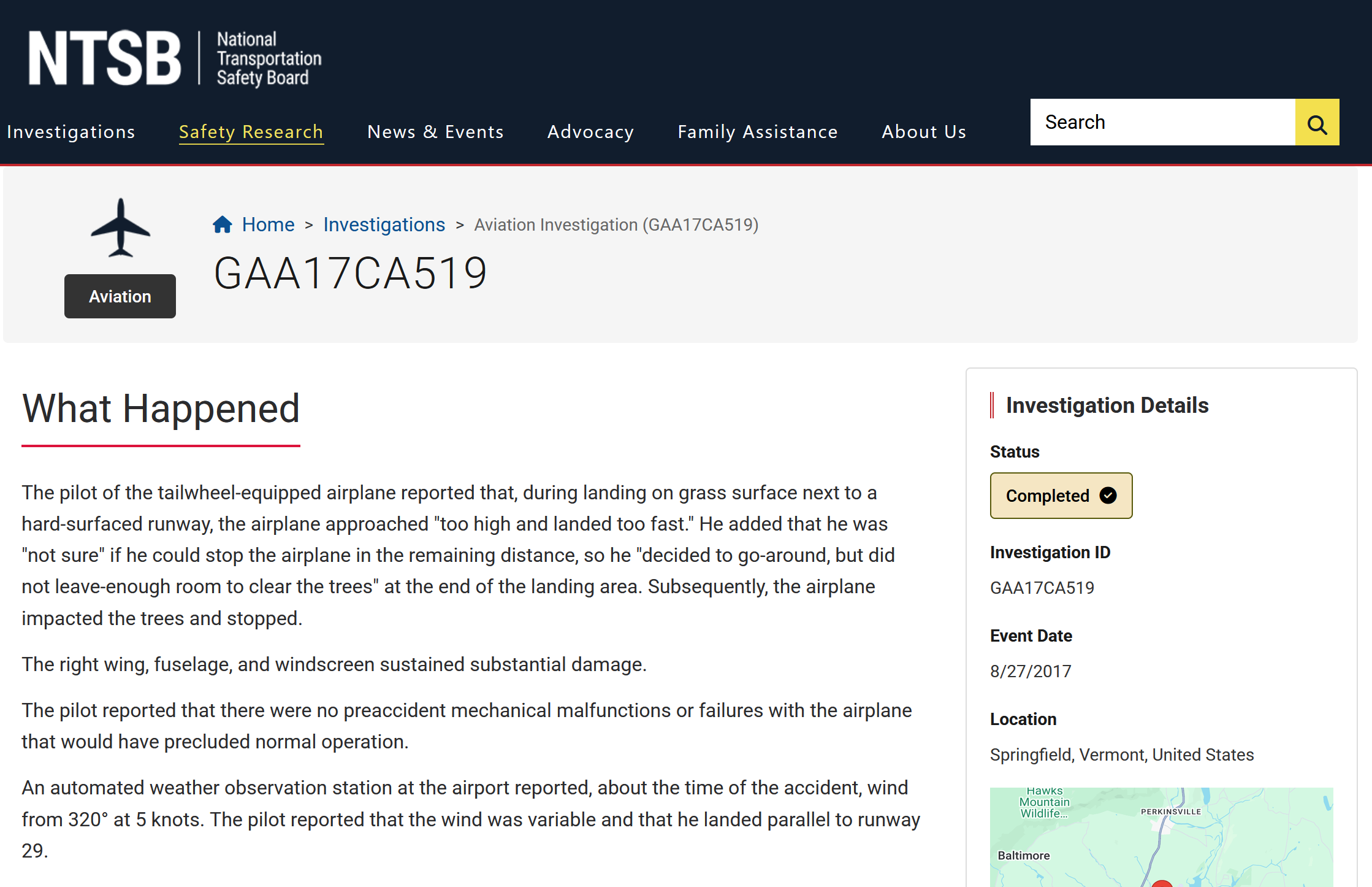The NTSB investigation page for GAA17CA519, with the What Happened summary and an Investigation Details panel
